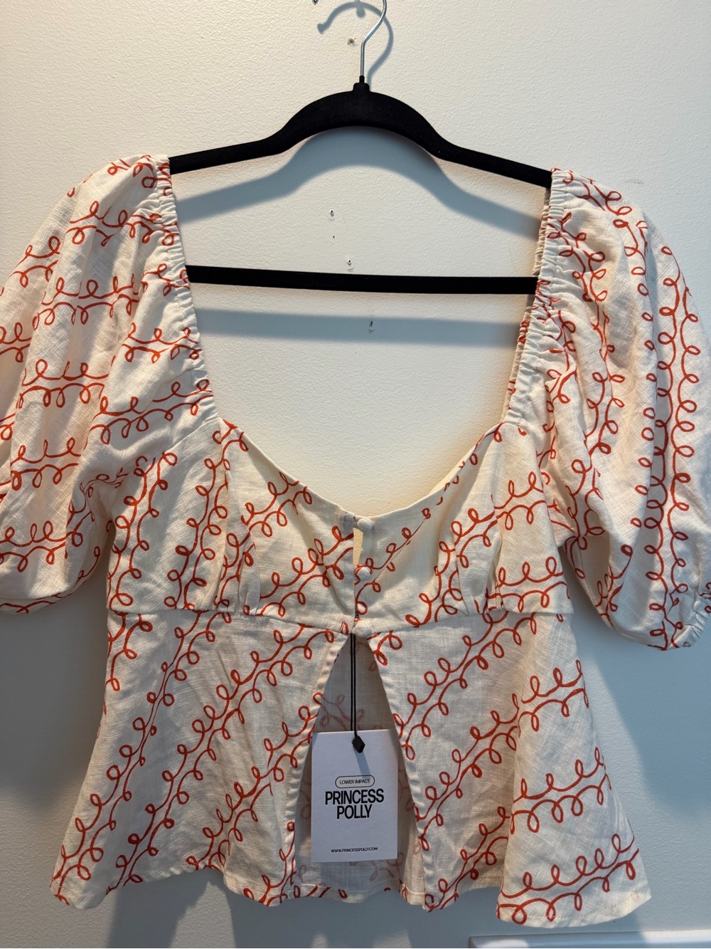 Princess Polly Ivory Puff-Sleeve Crop Top with Orange Vine Embroidery
